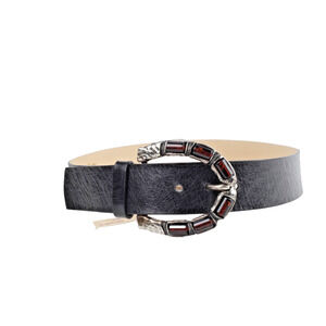 Black Leather Oversized Buckle Adjustable Waist Belt Size 44 Statement